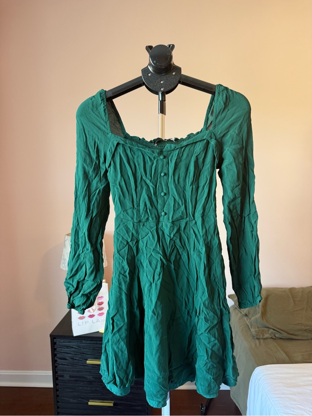 Women's Emerald Green Long Sleeve Square Neck Dress